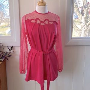 Vintage 60s 70s Hot Pink Sheer Mesh Bow Top Tunic L/XL